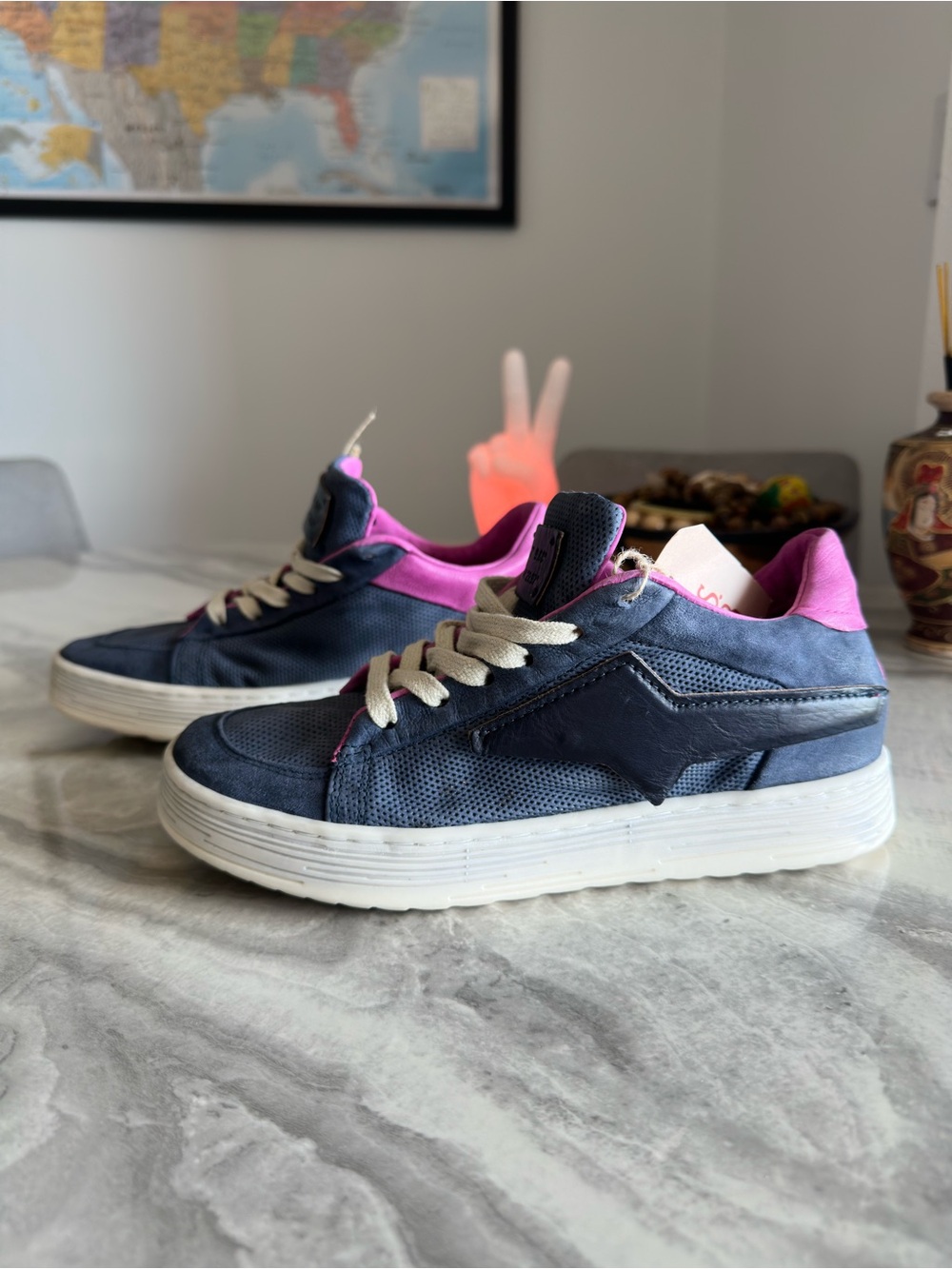 A.S.98 Alfie Blue Pink Perforated Leather Platform Sneakers - Picture 2 of 11